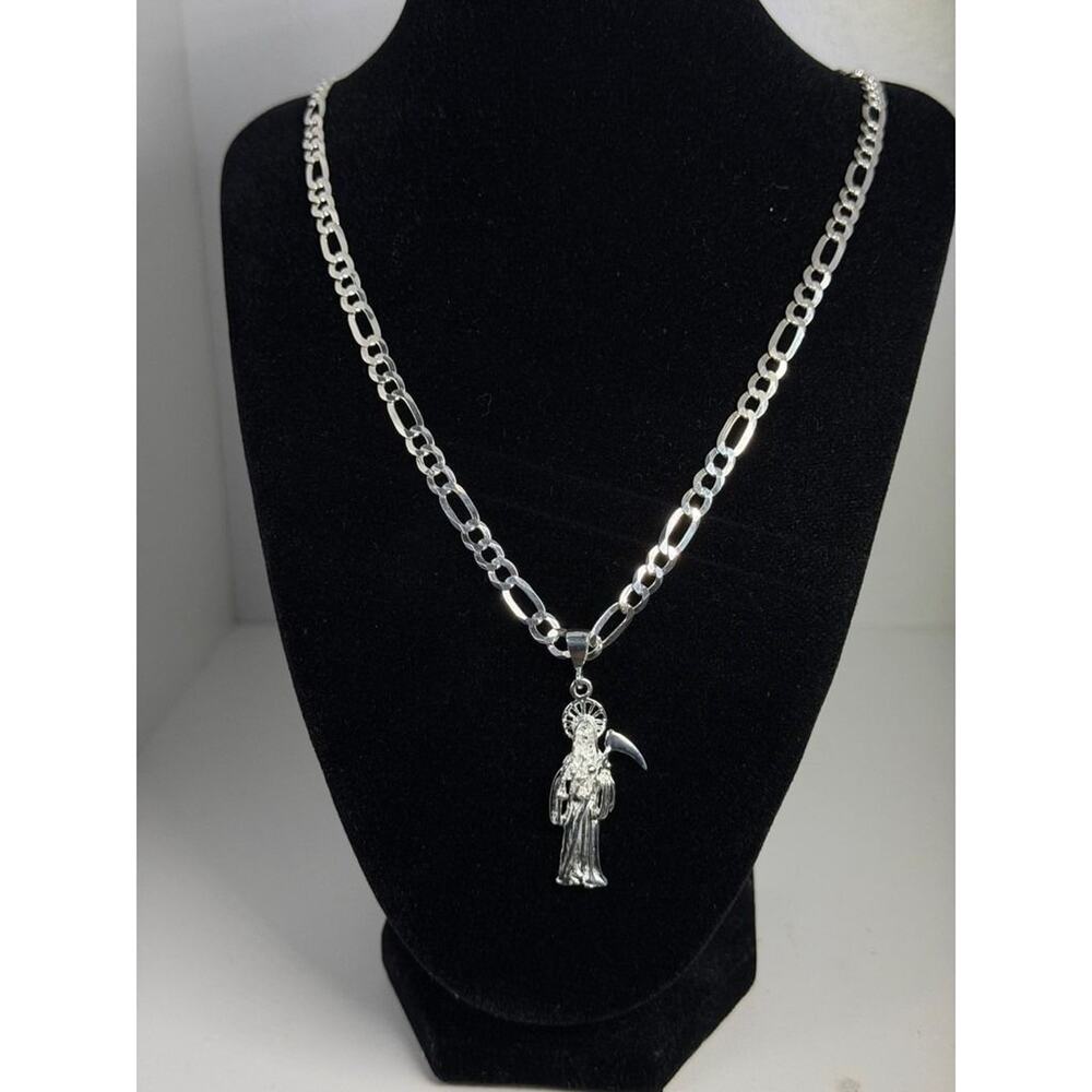 925 Sterling Silver Santa Muerte Pendant 24 Inch 5.6mm Figaro Chain Necklace